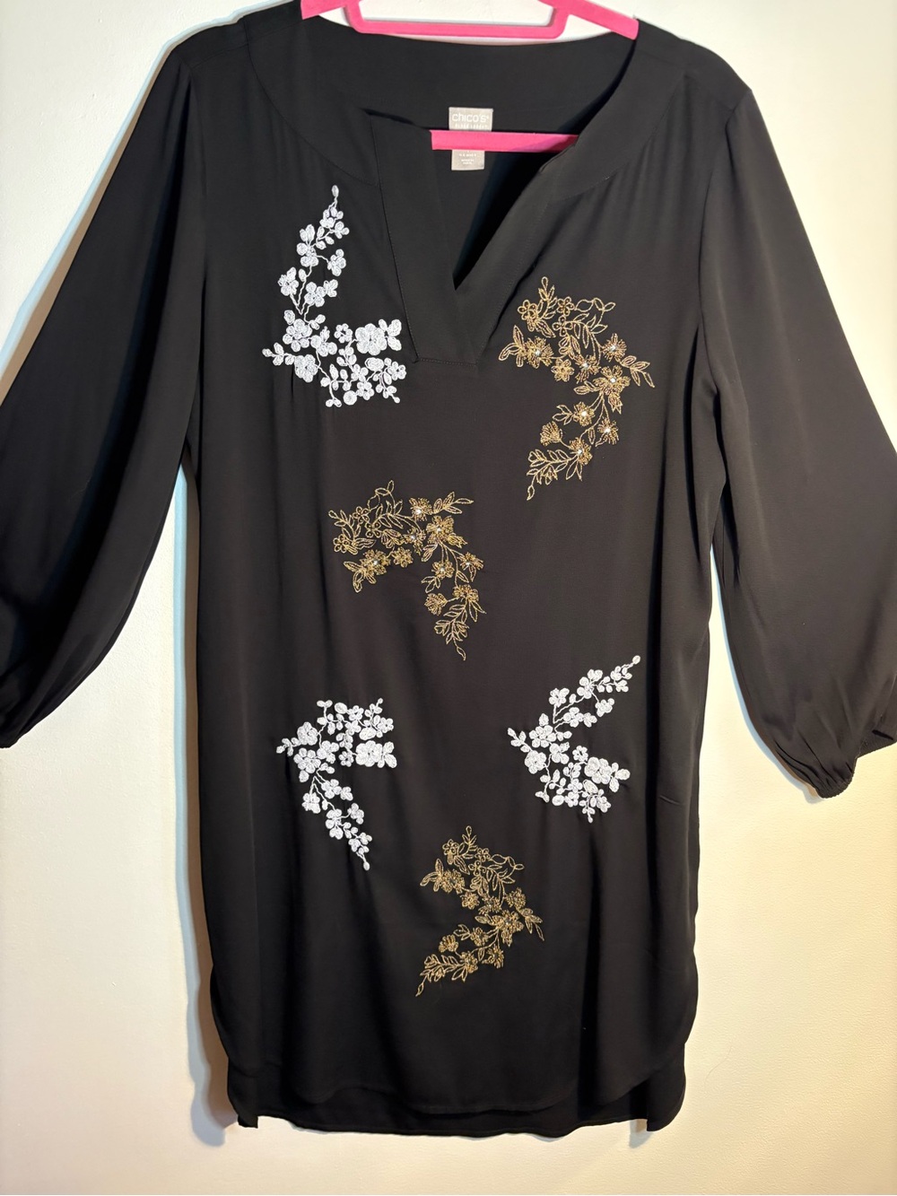 Chico’s Black Label Embroidered Beaded Tunic Top Black Size 1 M